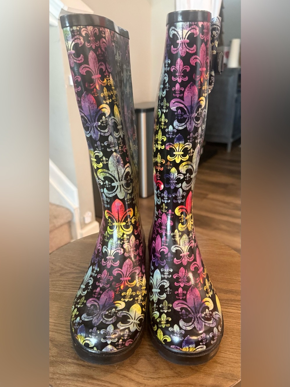 Women's Multicolor Fleur-de-Lis Rain Boots - Black Base